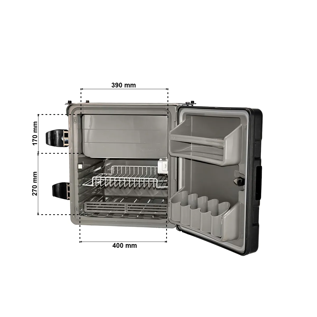 Foto com medidas internas da Geladeira 67L Externa Bivolt Resfriar