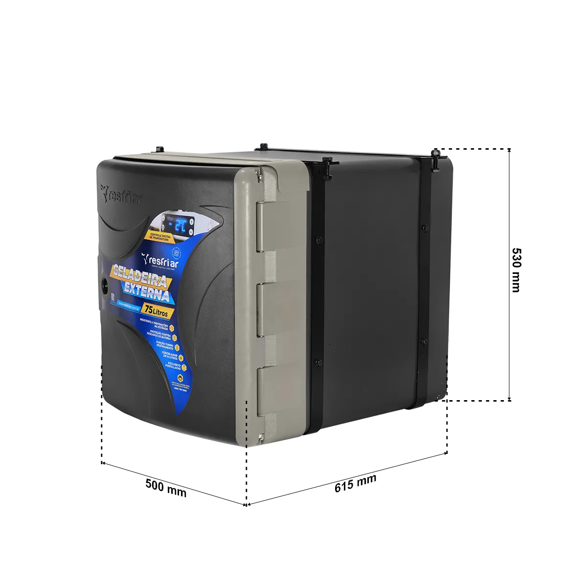 Foto com medidas da Geladeira 67L Externa Bivolt Resfriar