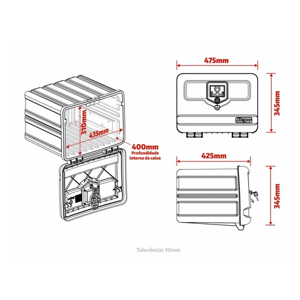 Diagrama detalhado Caixa de Ferramenta Mini Bepo 51L com Fechadura – 438x480x350mm